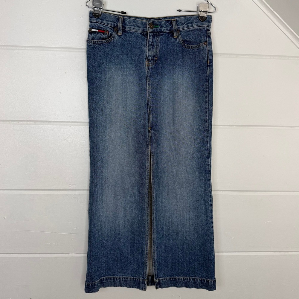 Tommy Hilfiger Y2K Denim Midi Skirt Blue Medium Wash Front Slit 28 Waist Vintage